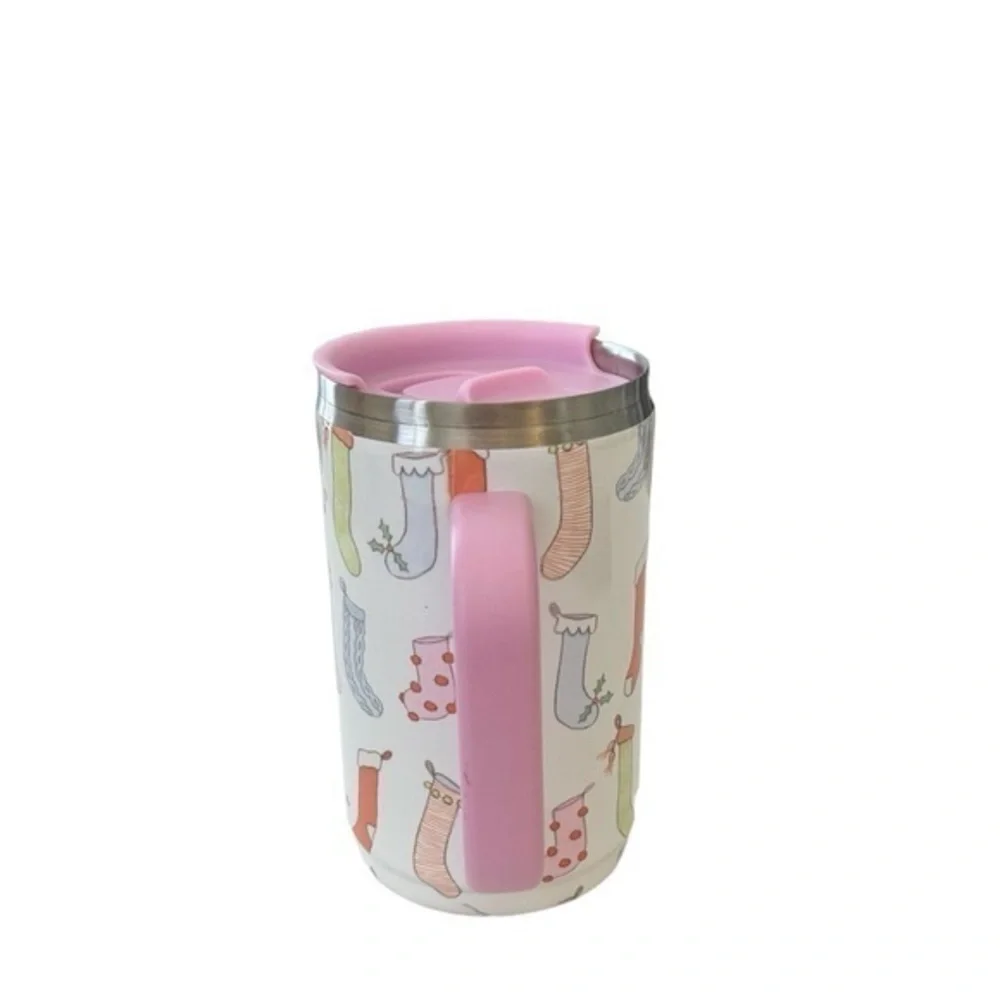 Sara Fitz Holiday Christmas Sock Print Pink Coffee‎ Tea Travel Mug Tumbler